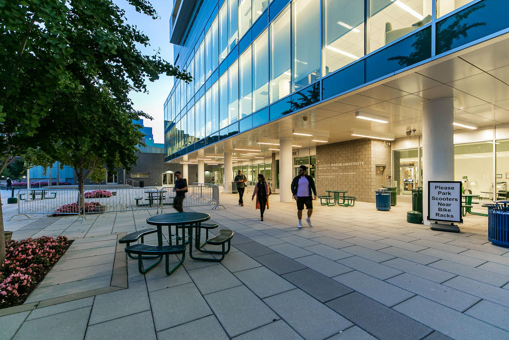 Image of Mason Square's plaza at dusk